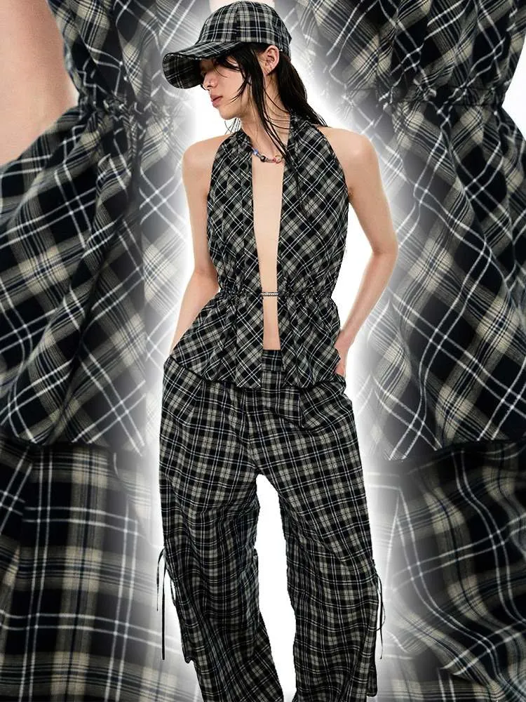 Multilayer Gradient Plaid Halter Backless Tops【s0000009144】