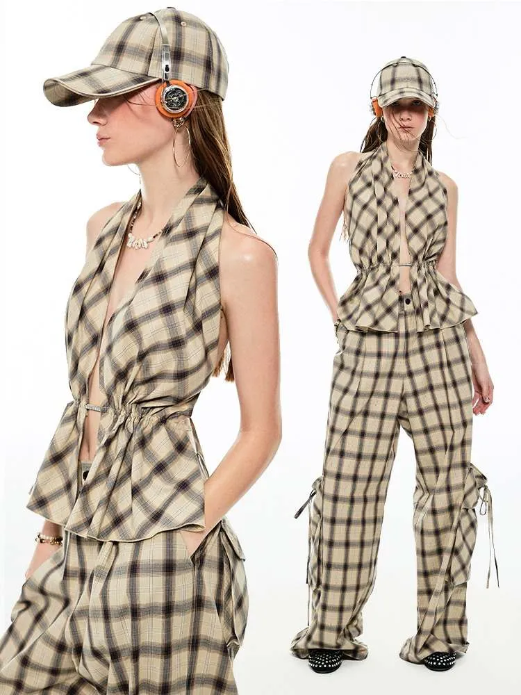 Multilayer Gradient Plaid Halter Backless Tops【s0000009144】