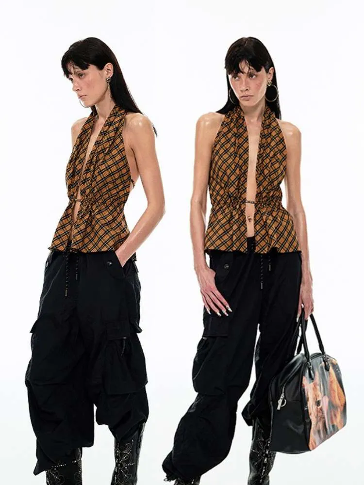 Multilayer Gradient Plaid Halter Backless Tops【s0000009144】