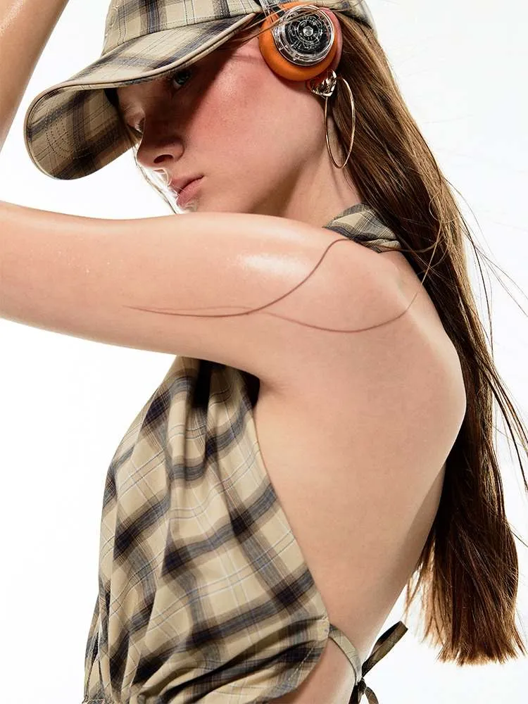 Multilayer Gradient Plaid Halter Backless Tops【s0000009144】