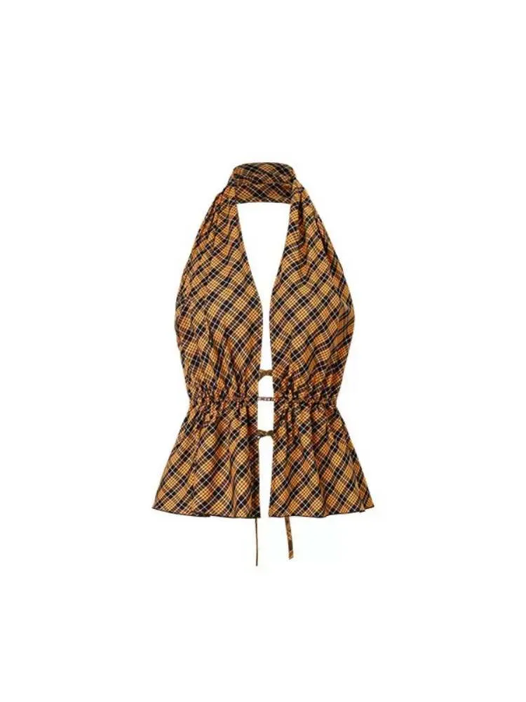 Multilayer Gradient Plaid Halter Backless Tops【s0000009144】
