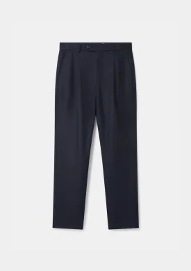 Navy Wool Cashmere High-Waisted Pleated Trousers