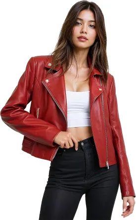 Olivia Miller Women's Faux Leather Moto Biker Jacket Long Sleeve Zip Jacket