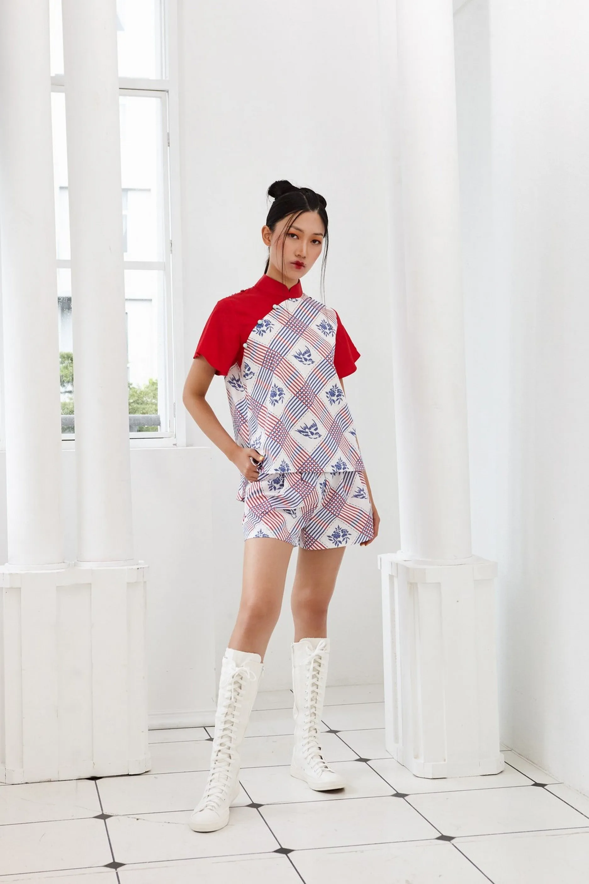 Pre-Order YUANYANG PRINTED COTTON WITH PINK COTTON SHOULDER FLAP - MANDARIN COLLAR TOP WITH SHOULDER FLAP - MULTI