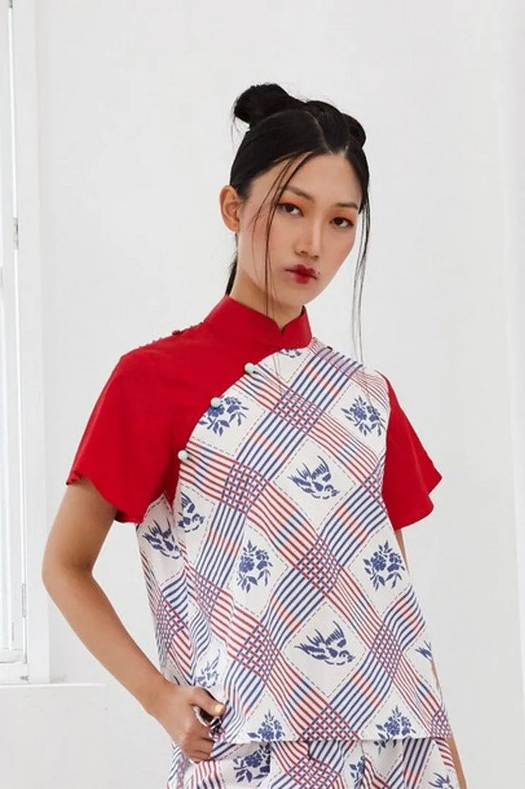 Pre-Order YUANYANG PRINTED COTTON WITH PINK COTTON SHOULDER FLAP - MANDARIN COLLAR TOP WITH SHOULDER FLAP - MULTI