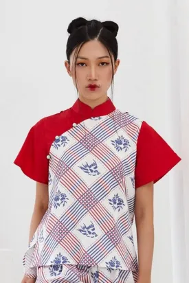 Pre-Order YUANYANG PRINTED COTTON WITH PINK COTTON SHOULDER FLAP - MANDARIN COLLAR TOP WITH SHOULDER FLAP - MULTI