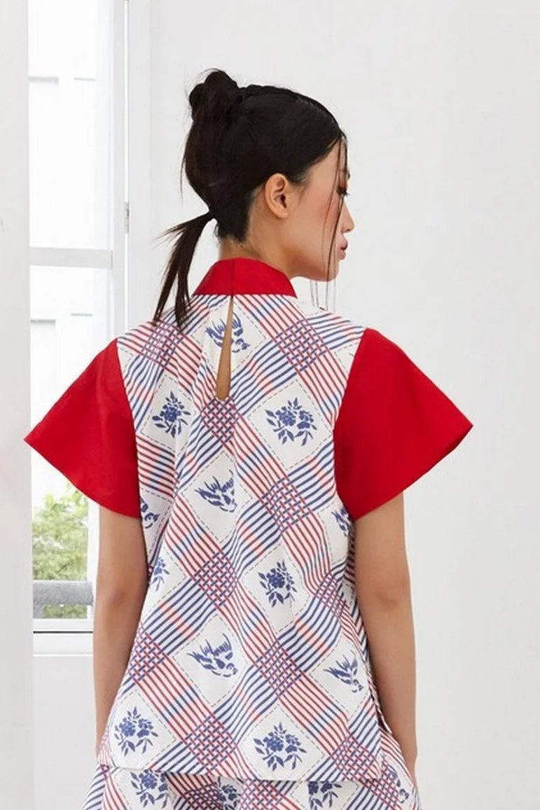 Pre-Order YUANYANG PRINTED COTTON WITH PINK COTTON SHOULDER FLAP - MANDARIN COLLAR TOP WITH SHOULDER FLAP - MULTI