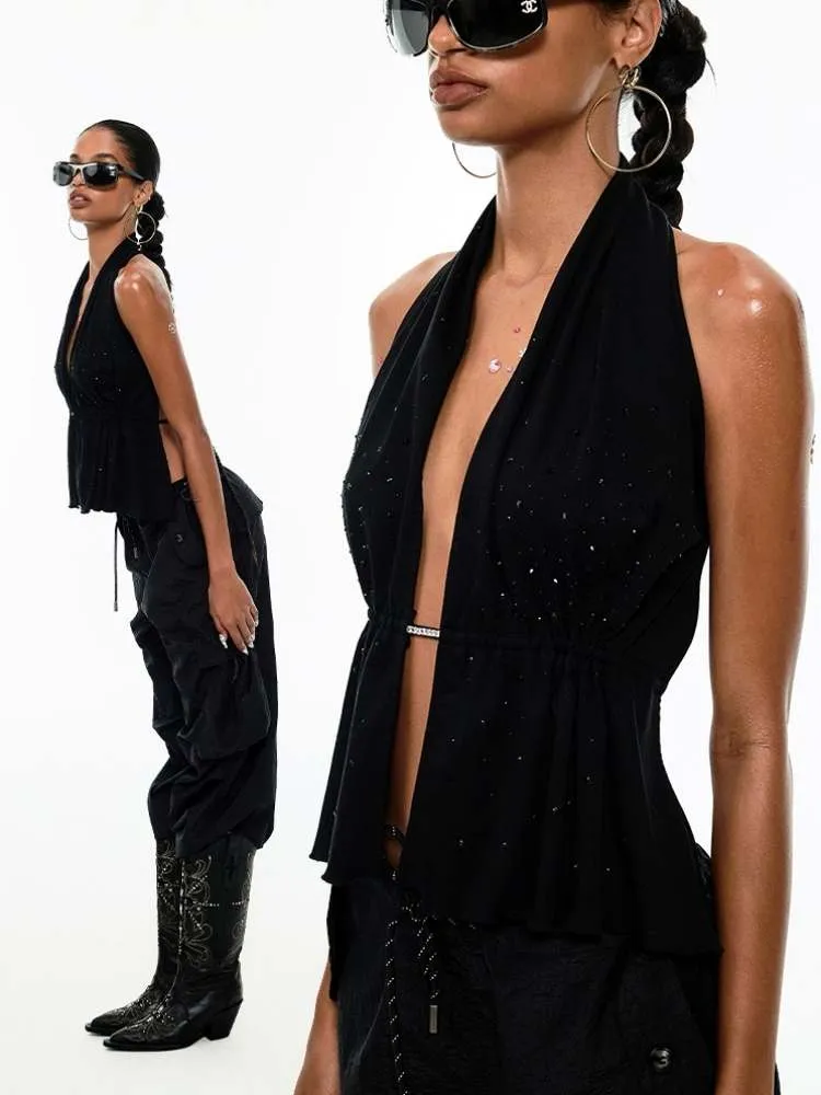 Rhinestone Backless Halter Neck Tops【s0000009158】