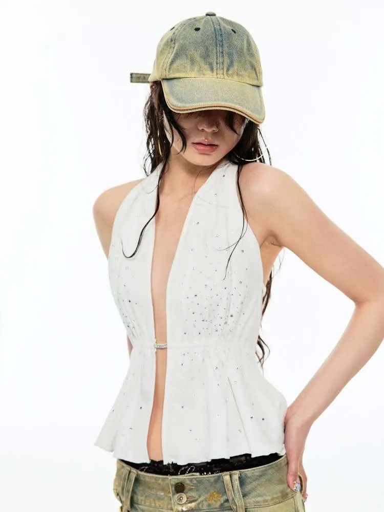 Rhinestone Backless Halter Neck Tops【s0000009158】