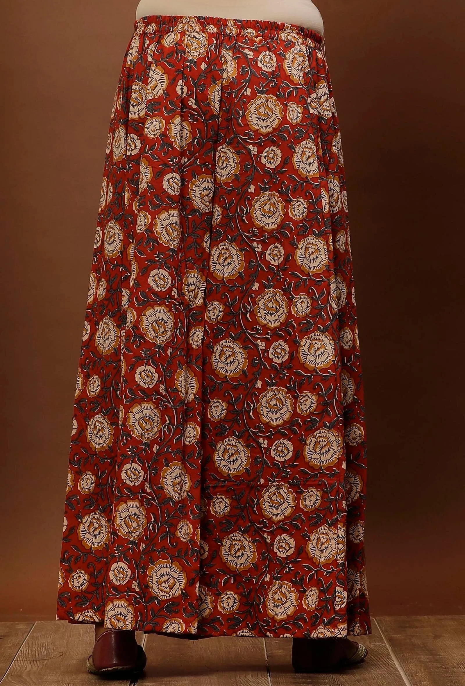Rust Red Kalamkari Cotton Flared Pants