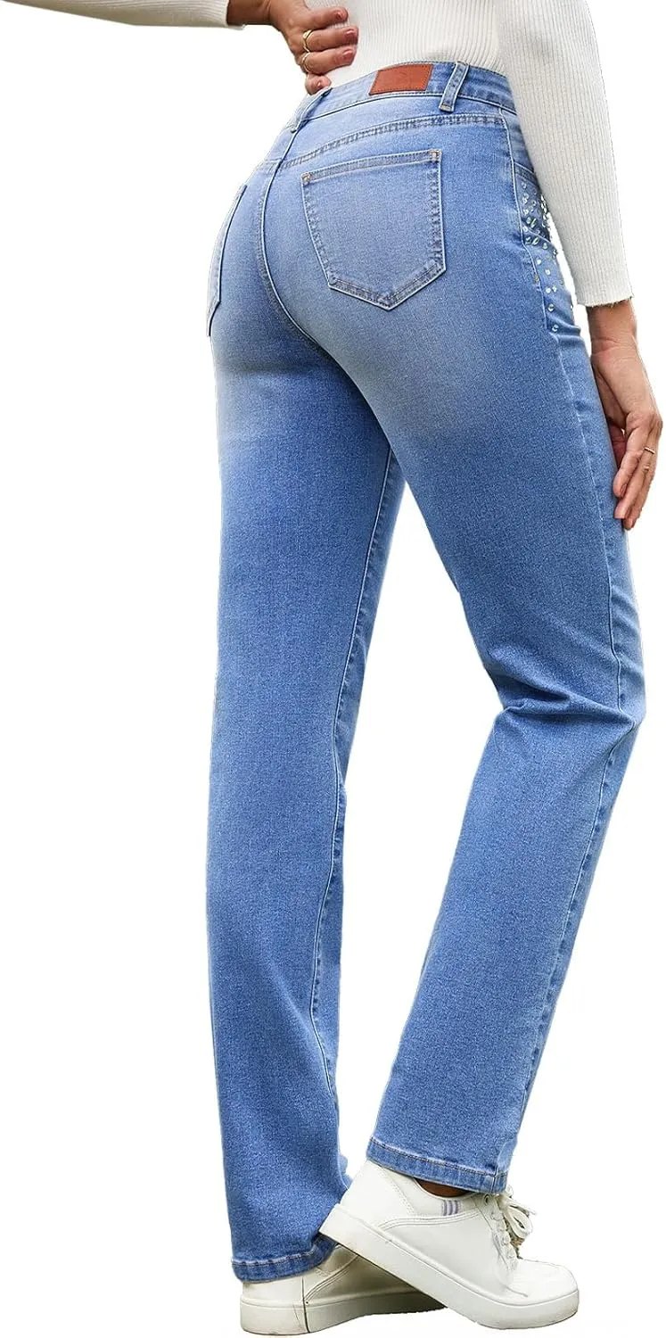 Sidefeel Women's Straight Leg Jeans High Waisted Stretchy Rhinestone Wide Leg Denim Pants