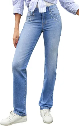 Sidefeel Women's Straight Leg Jeans High Waisted Stretchy Rhinestone Wide Leg Denim Pants