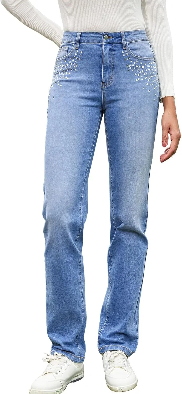 Sidefeel Women's Straight Leg Jeans High Waisted Stretchy Rhinestone Wide Leg Denim Pants