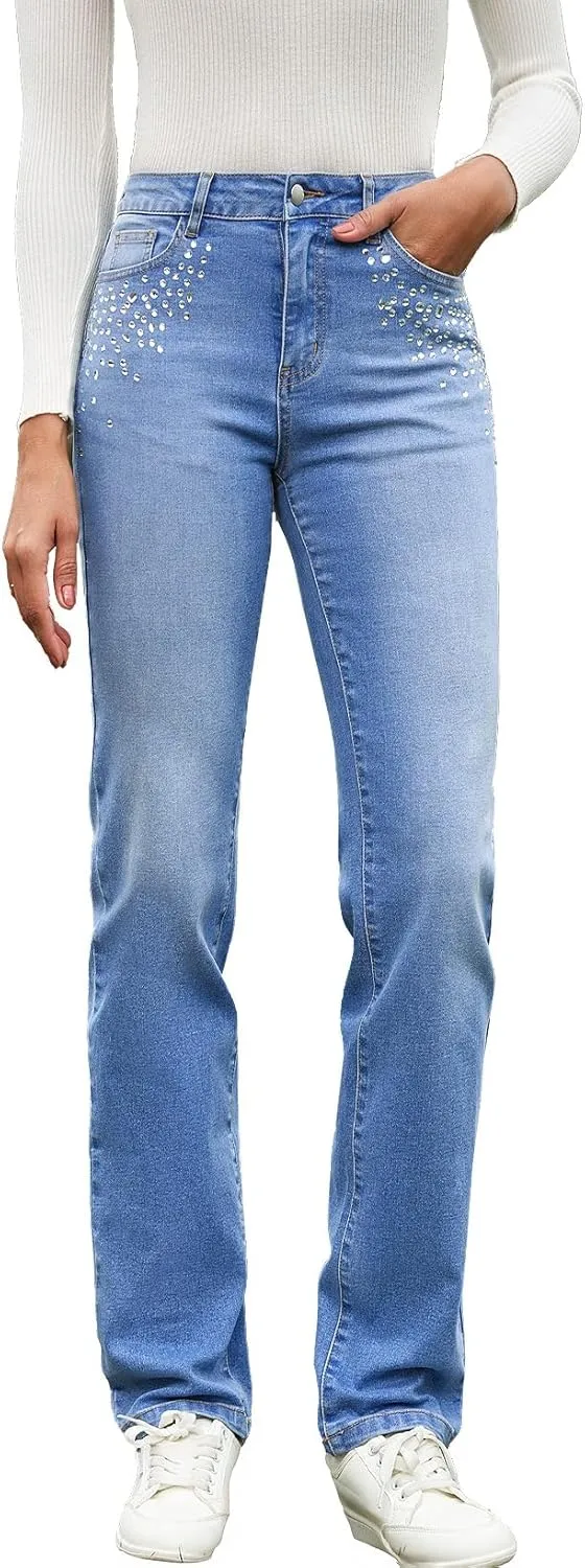 Sidefeel Women's Straight Leg Jeans High Waisted Stretchy Rhinestone Wide Leg Denim Pants