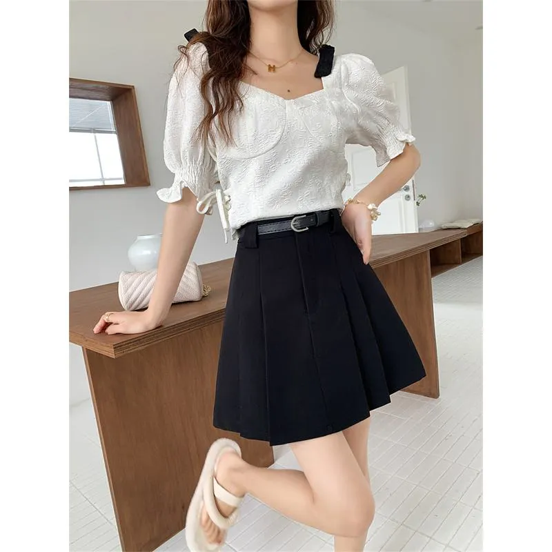 Slimming High-Waisted Accordion Pleat Skirt Ruffle Hem Skirt