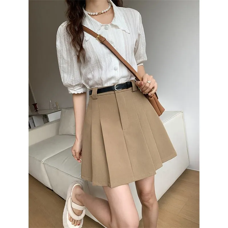 Slimming High-Waisted Accordion Pleat Skirt Ruffle Hem Skirt