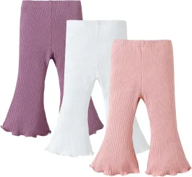 SOBOWO Baby Girl Flare Pants 3 Pack Toddler Solid Ribbed Ruffle Bell Bottoms Pants Trousers Fall Outfits