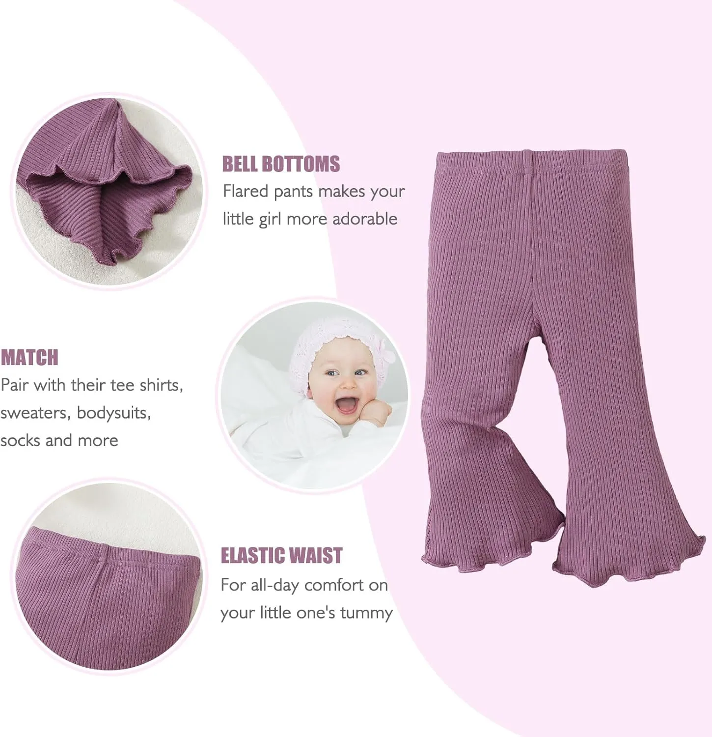 SOBOWO Baby Girl Flare Pants 3 Pack Toddler Solid Ribbed Ruffle Bell Bottoms Pants Trousers Fall Outfits