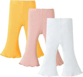 SOBOWO Baby Girl Flare Pants 3 Pack Toddler Solid Ribbed Ruffle Bell Bottoms Pants Trousers Fall Outfits