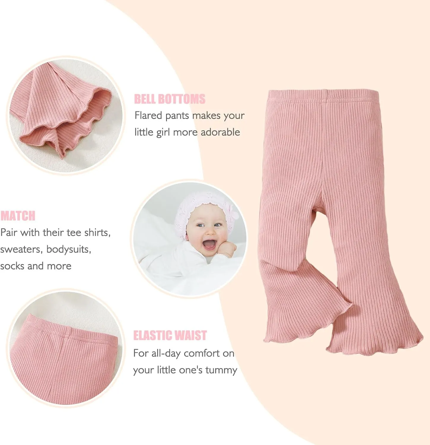 SOBOWO Baby Girl Flare Pants 3 Pack Toddler Solid Ribbed Ruffle Bell Bottoms Pants Trousers Fall Outfits