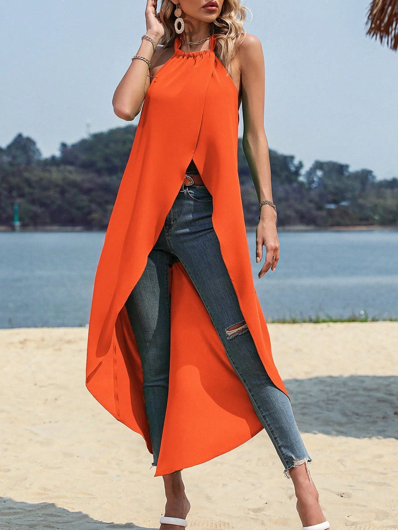 Solid Asymmetrical Hem Halter Top