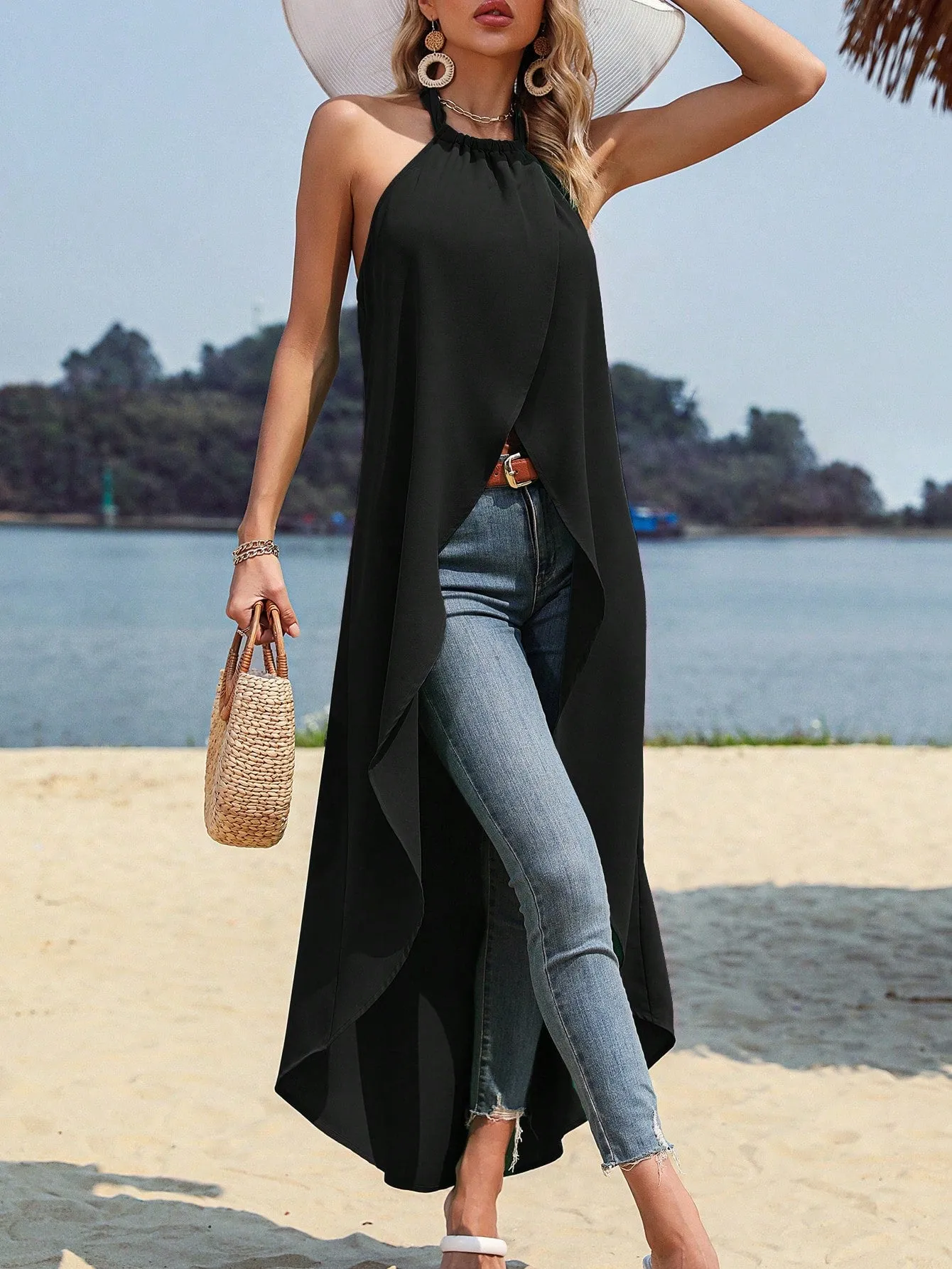 Solid Asymmetrical Hem Halter Top