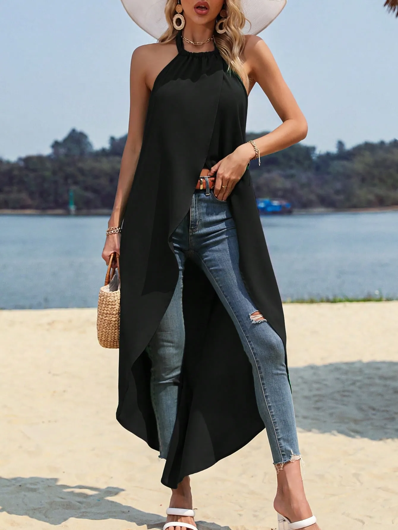 Solid Asymmetrical Hem Halter Top