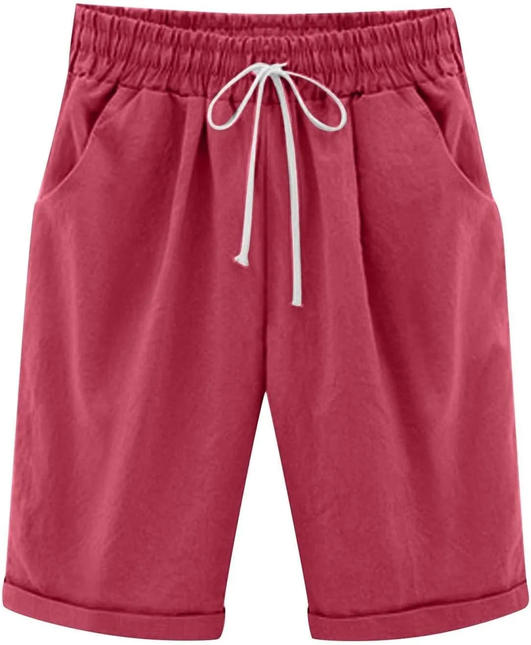 Summer Shorts for Women Elastic Waist Knee Length Bermuda Shorts Casual Loose Comfy Drawstring Workout Shorts Pockets