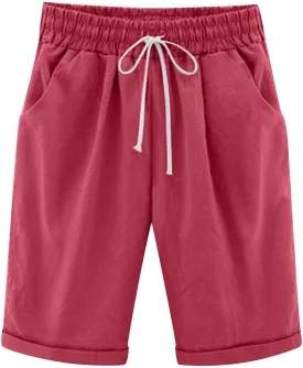Summer Shorts for Women Elastic Waist Knee Length Bermuda Shorts Casual Loose Comfy Drawstring Workout Shorts Pockets