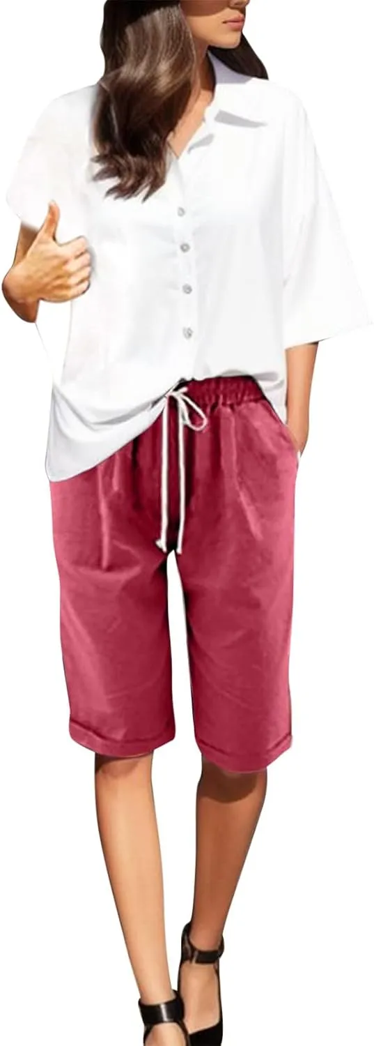 Summer Shorts for Women Elastic Waist Knee Length Bermuda Shorts Casual Loose Comfy Drawstring Workout Shorts Pockets