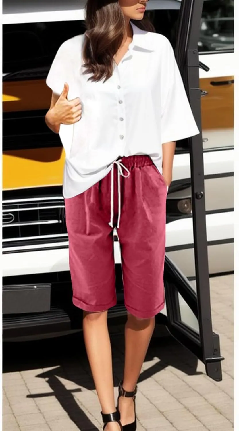 Summer Shorts for Women Elastic Waist Knee Length Bermuda Shorts Casual Loose Comfy Drawstring Workout Shorts Pockets