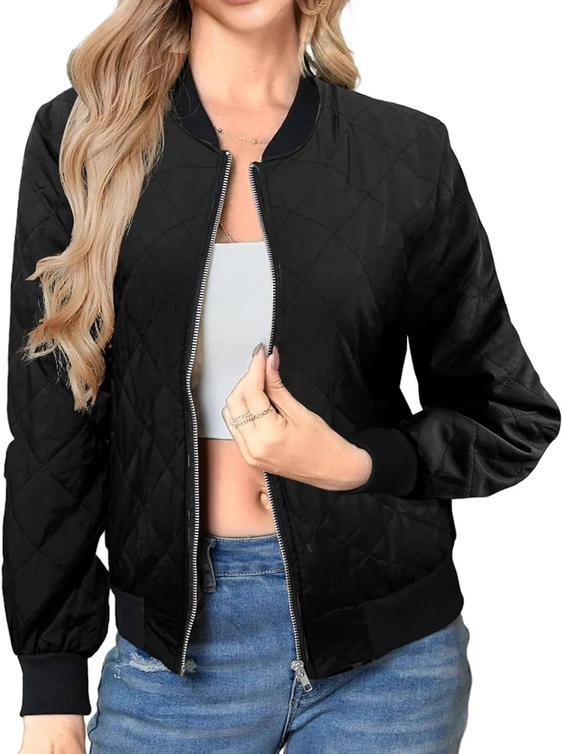 SxClub Women's Bomber Jackets for Women Fashion Casual Quilted Lightweight Zip Up Outerwear Coat with Pockets