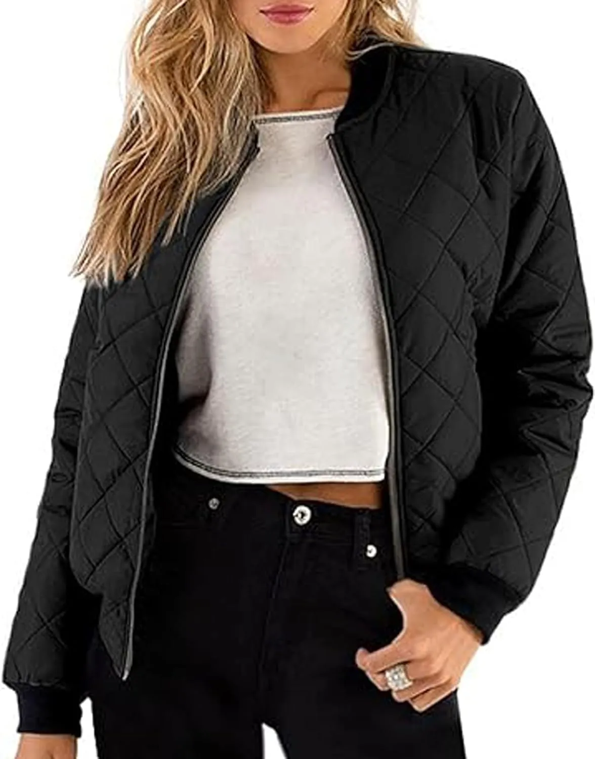 SxClub Women's Bomber Jackets for Women Fashion Casual Quilted Lightweight Zip Up Outerwear Coat with Pockets
