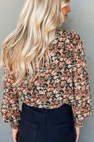 TEEK - Floral Round Neck Lantern Sleeve Blouse