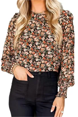 TEEK - Floral Round Neck Lantern Sleeve Blouse