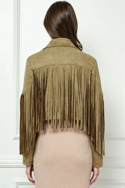 TEEK - Olive Suede Fringe Long Sleeve Moto Jacket