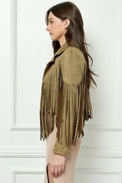 TEEK - Olive Suede Fringe Long Sleeve Moto Jacket