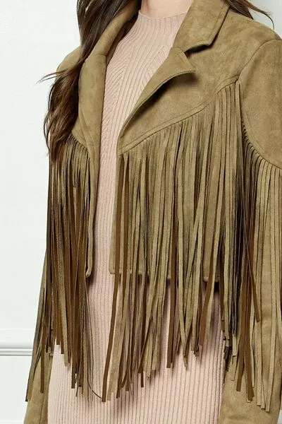 TEEK - Olive Suede Fringe Long Sleeve Moto Jacket