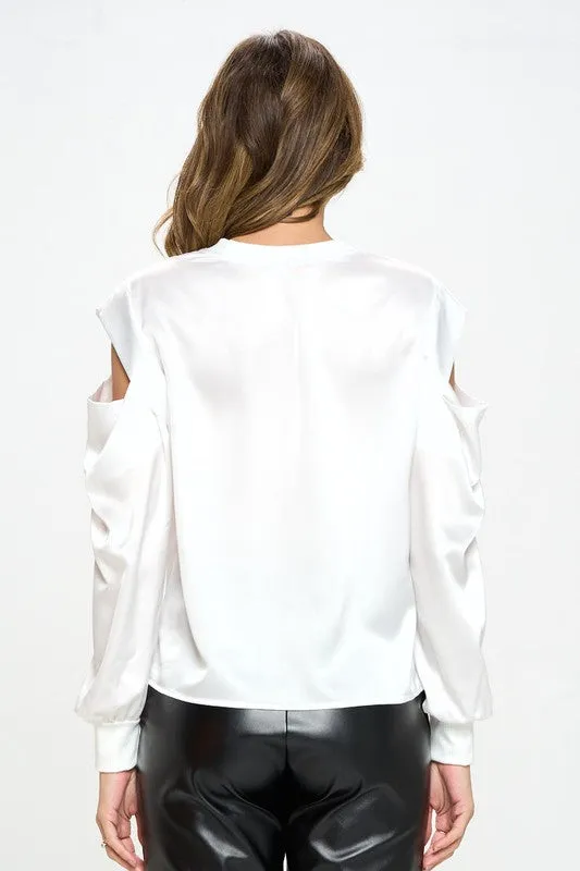 TEEK - White Satin Stretch Open Shoulder Sweatshirt