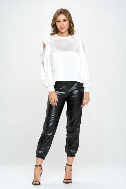 TEEK - White Satin Stretch Open Shoulder Sweatshirt