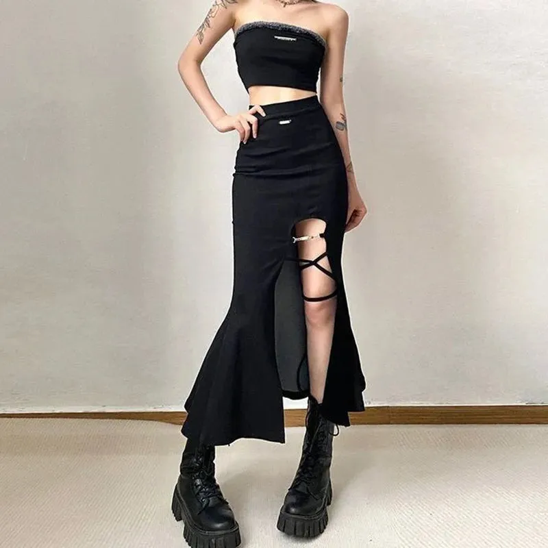 Toleet-Black Gothic Split Mermaid Skirts Women Summer Punk Style High Waist Long Skirt Women Harajuku Bandage Midi Skirts Female