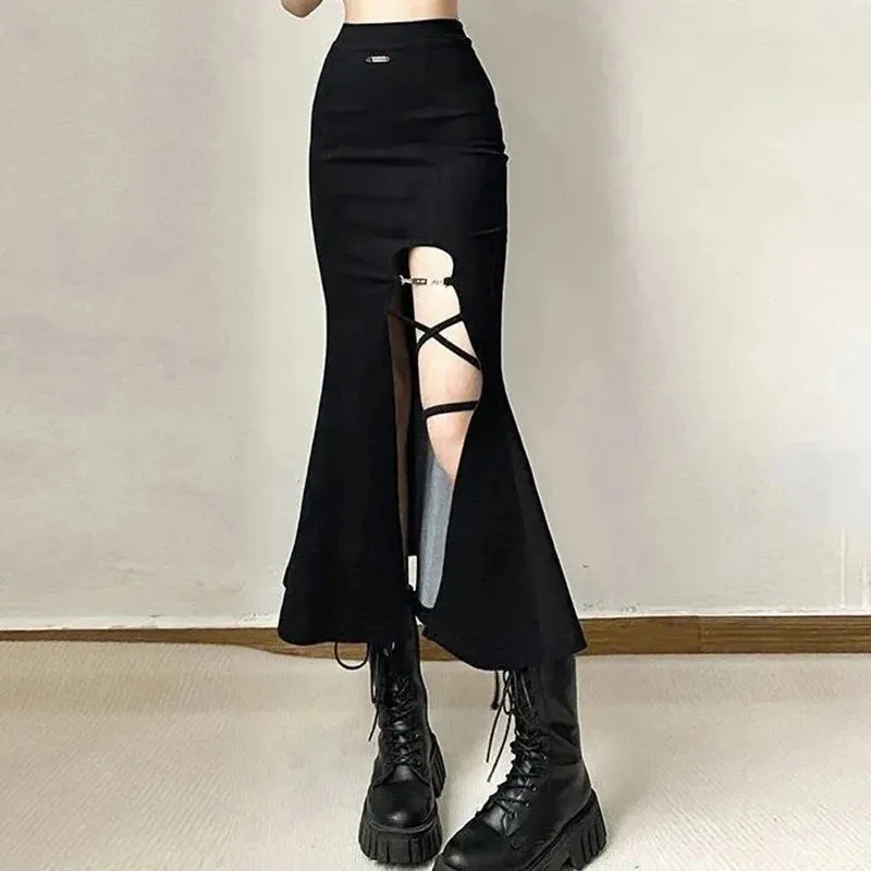 Toleet-Black Gothic Split Mermaid Skirts Women Summer Punk Style High Waist Long Skirt Women Harajuku Bandage Midi Skirts Female