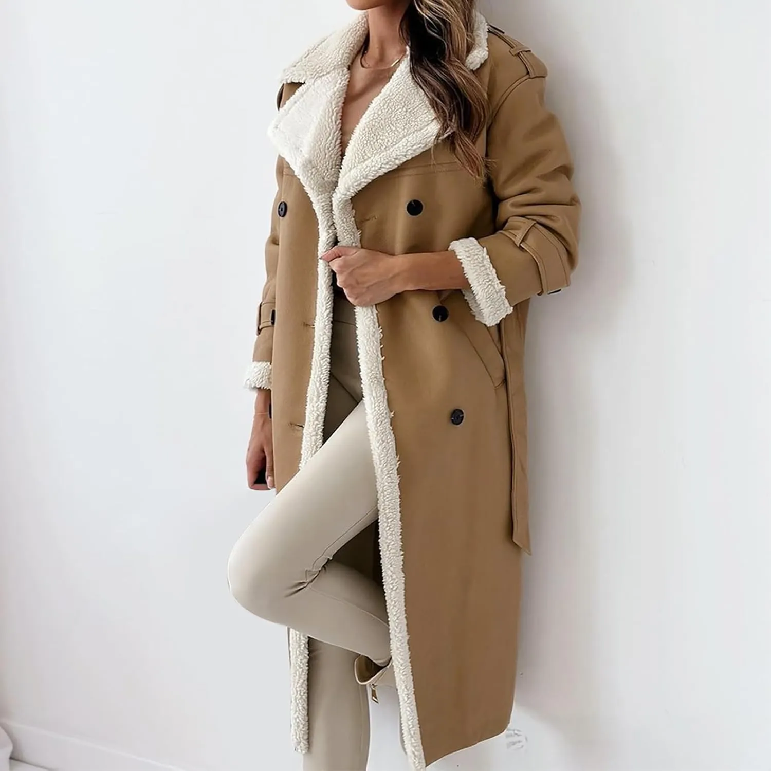 Trench Coat Women Fleece Sherpa Lined Jacket Notch Lapel Double Breasted Jacket with Belt Winter Warm Overcoat Outwear