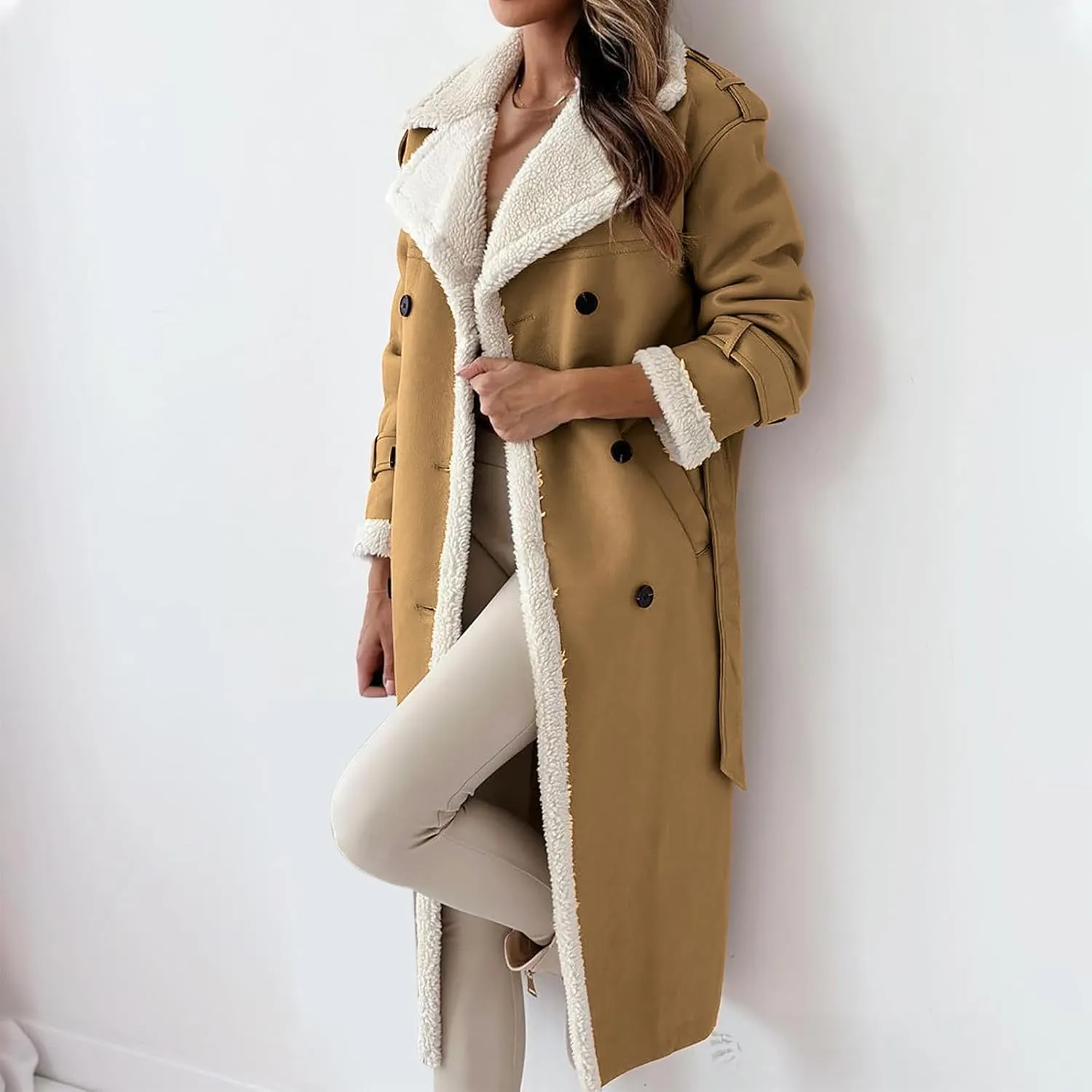 Trench Coat Women Fleece Sherpa Lined Jacket Notch Lapel Double Breasted Jacket with Belt Winter Warm Overcoat Outwear