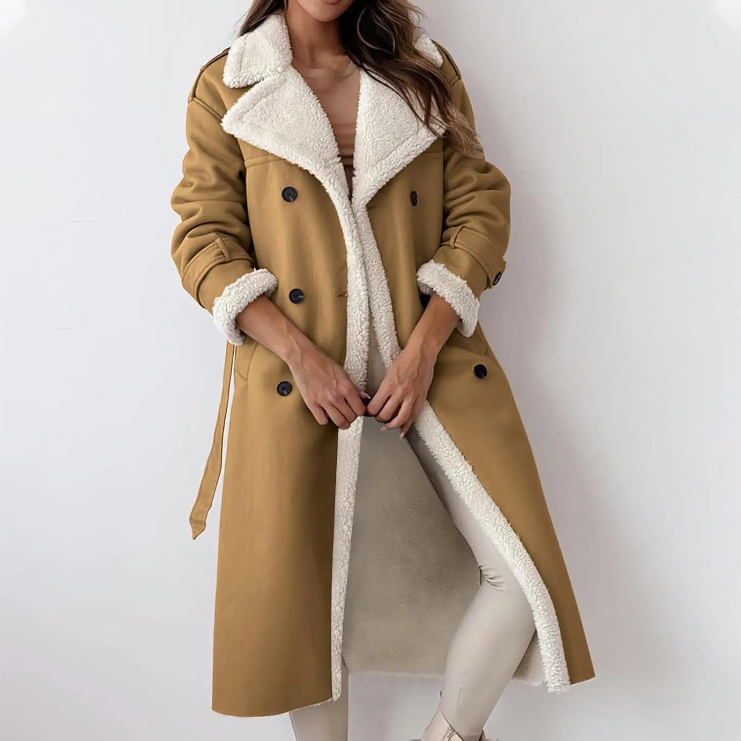 Trench Coat Women Fleece Sherpa Lined Jacket Notch Lapel Double Breasted Jacket with Belt Winter Warm Overcoat Outwear