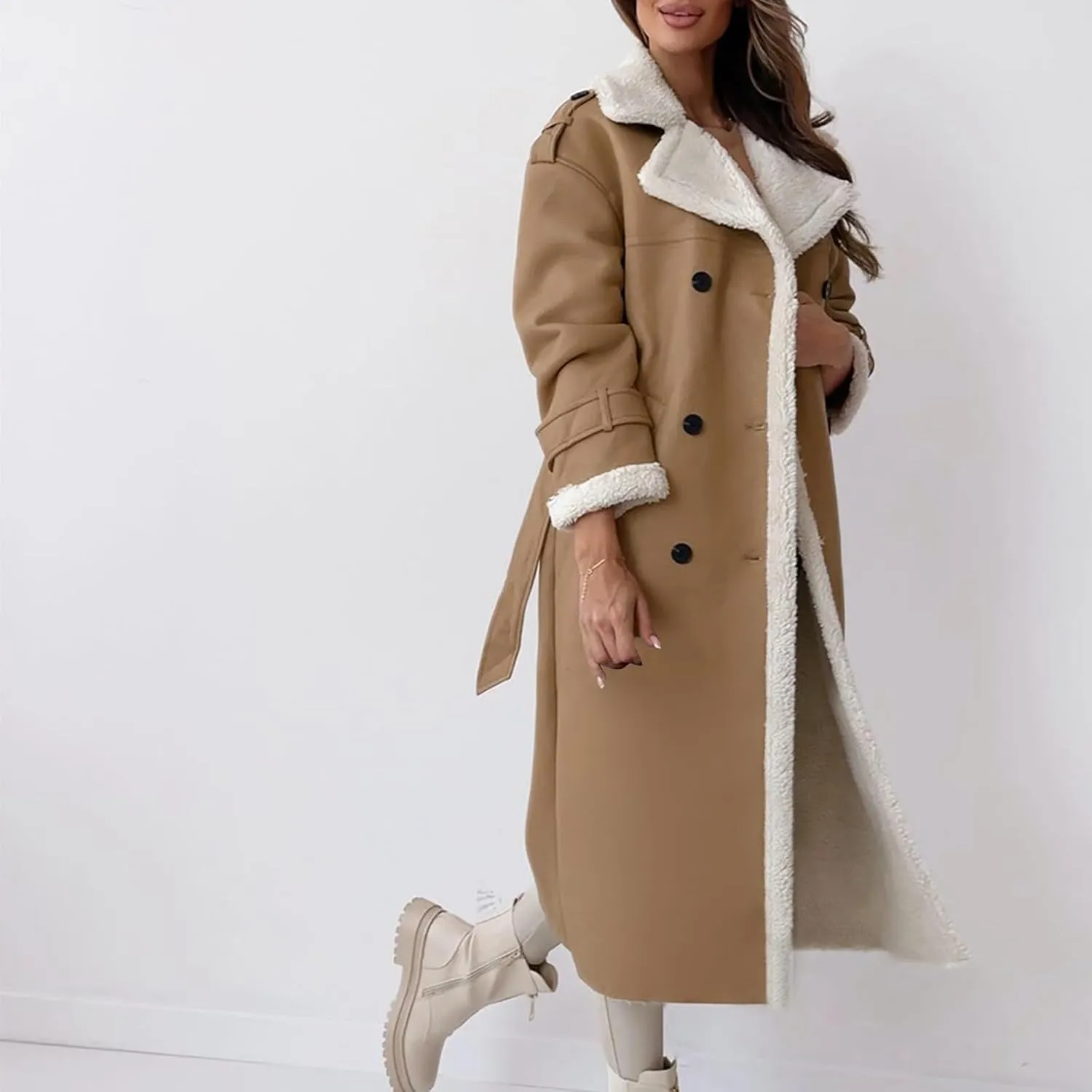 Trench Coat Women Fleece Sherpa Lined Jacket Notch Lapel Double Breasted Jacket with Belt Winter Warm Overcoat Outwear