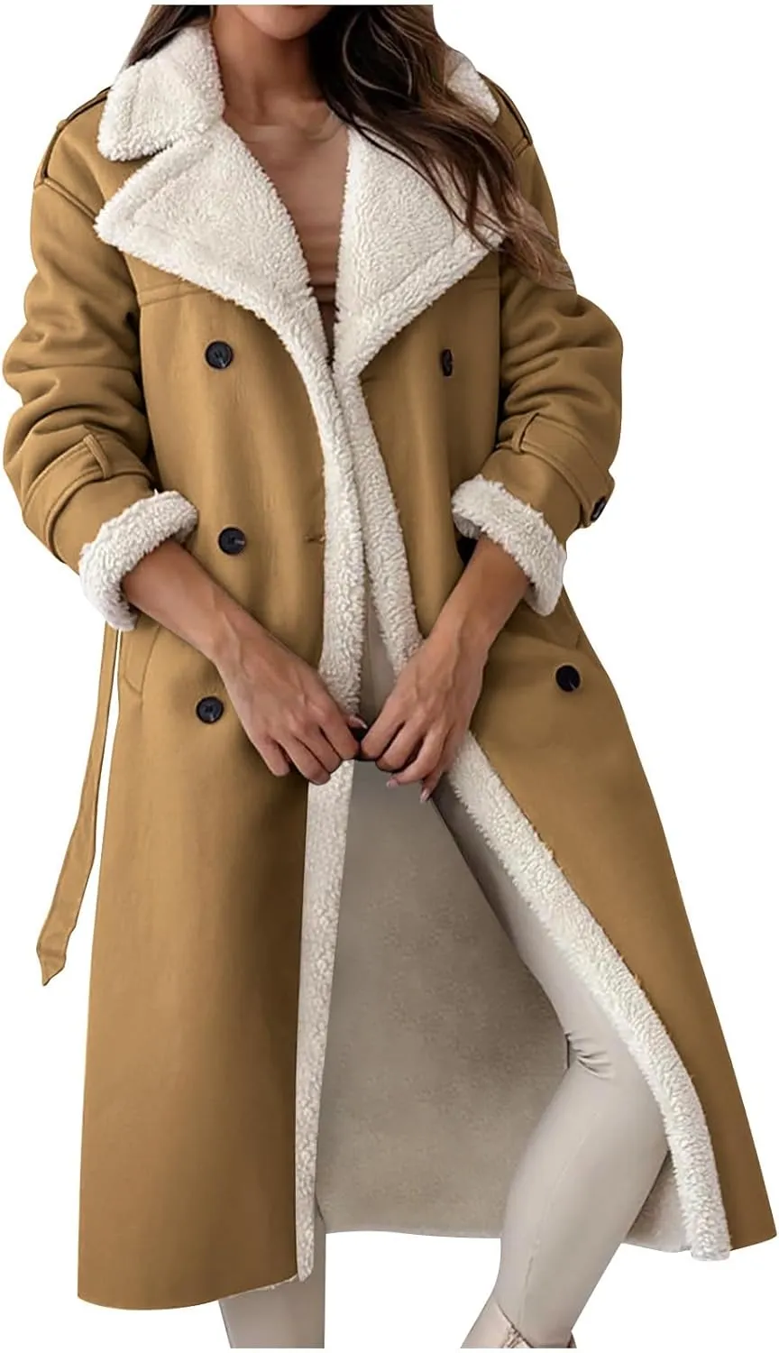 Trench Coat Women Fleece Sherpa Lined Jacket Notch Lapel Double Breasted Jacket with Belt Winter Warm Overcoat Outwear