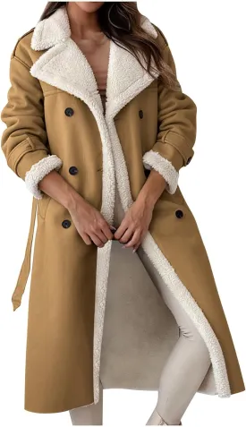 Trench Coat Women Fleece Sherpa Lined Jacket Notch Lapel Double Breasted Jacket with Belt Winter Warm Overcoat Outwear