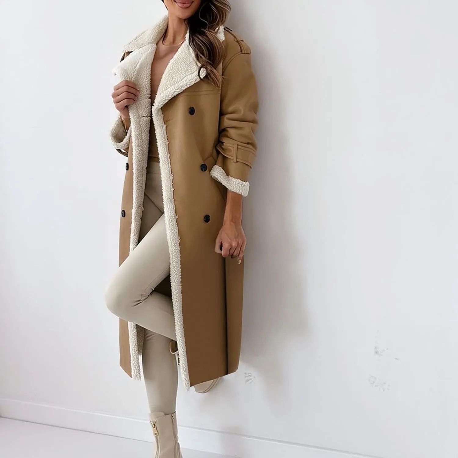 Trench Coat Women Fleece Sherpa Lined Jacket Notch Lapel Double Breasted Jacket with Belt Winter Warm Overcoat Outwear