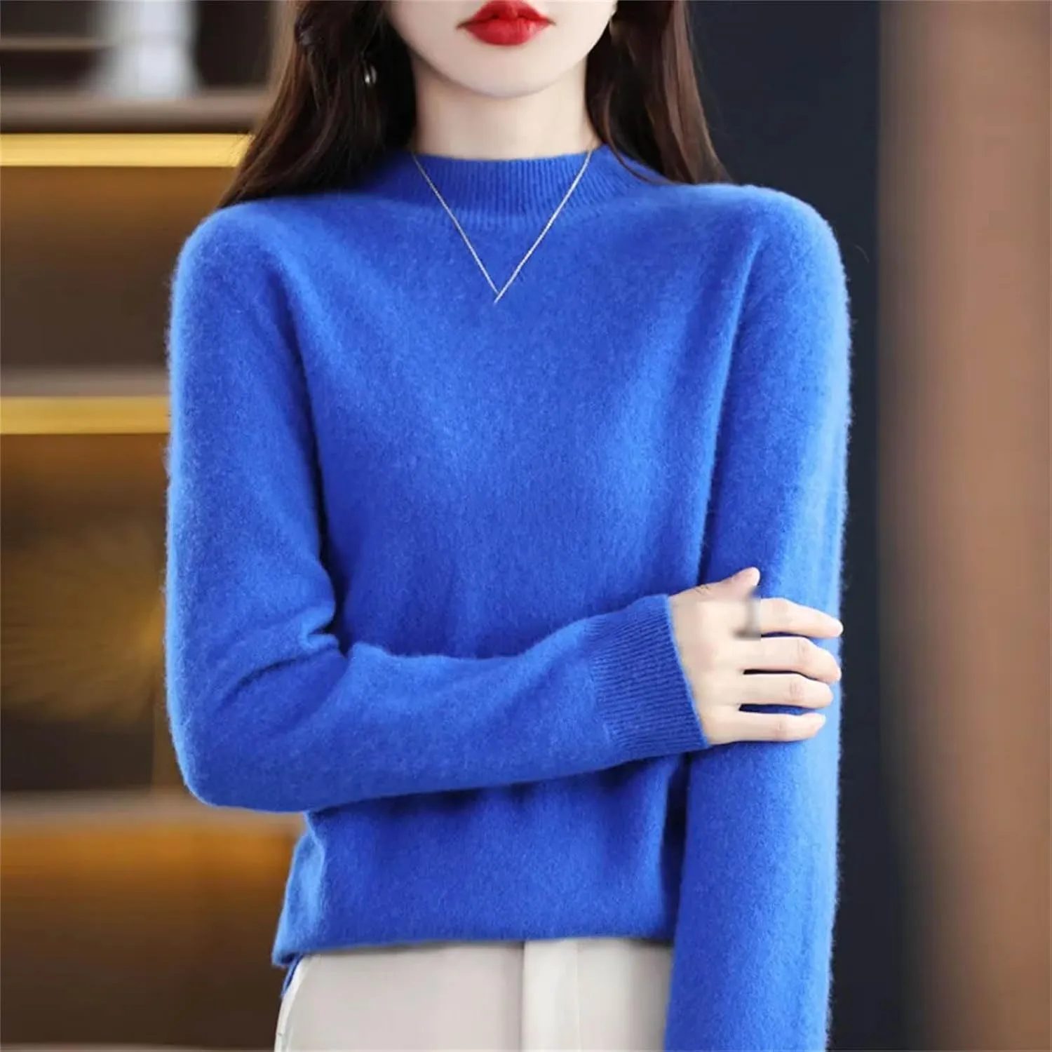 Women Pullover Wool Sweater Half Turtleneck Cashmere Jumper Basal Top Female Jacket